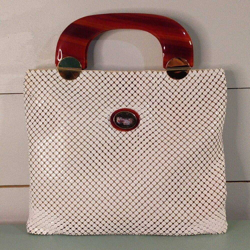 Vintage Whiting & Davis Metal Mesh Purse Tortoise-Style Lucite Handle White